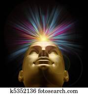 Golden mannequin head with an explosion of pastel light above Golden mannequin head with an explosion of pastel light above