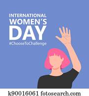 International womens day. 8th march. Poster with pink hair woman with raised hand. Choose to Challenge campaign. Vector illustration in flat style for greeting card, postcard, web, banner. Eps 10.