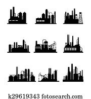 Oil refinery and oil processing plant icons Oil refinery and oil processing plant icons