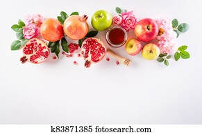 Rosh hashanah (jewish New Year holiday), Concept of traditional or religion symbols on white background. Rosh hashanah (jewish New Year holiday), Concept of traditional or religion symbols on white background.