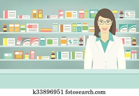 דירה, סיגנון, צעיר, רוקח, ב, בית מרקחת, ניגוד, מדפים, של, תרופות