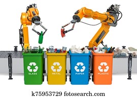 Robotic arms sorting garbage, automatic sorting of trash. 3D rendering Robotic arms sorting garbage, automatic sorting of trash. 3D rendering