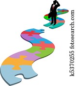 Business man find missing piece puzzle path Business man find missing piece puzzle path