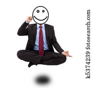 Business man in yoga lotus-pose and  drawing smiling face