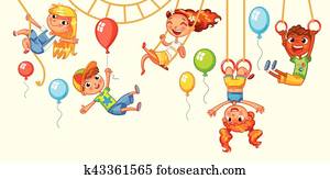 Children have fun on the rides. Amusement park. Playground