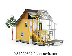 Concept of construction and architect design. 3d render of house in building process with tree. Transition from sketch to model. We see constituents of roof frame and insulation layer.