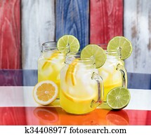 Glass mugs filled with cold lemonade on USA national colors for the holiday season 