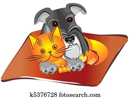 Miniature Schnauzer dog and British kitten lying on the rug in unison, drawing, vector illustration