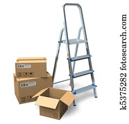 stepladder, y, cajas de cartón