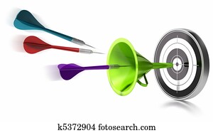three darts hitting the center of a target helped by a green funnel, image is over a white background three darts hitting the center of a target helped by a green funnel, image is over a white background