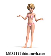 cute and funny cartoon girl wearing a two piece bikini. 3D rendering with clipping path and shadow over white cute and funny cartoon girl wearing a two piece bikini. 3D rendering with clipping path and shadow over white