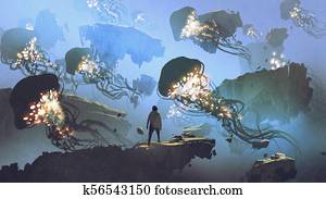 Flock of jellyfishes flying in the sky Flock of jellyfishes flying in the sky