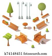 Isometric park set. Benches, trees, wooden bridges Isometric park set. Benches, trees, wooden bridges