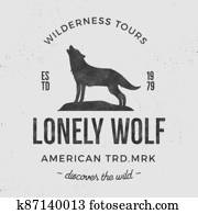 Old wilderness label with wolf and typography elements. Vintage style wolf logo. Prints of howling wolf. Unique design for t-shirts. Hand drawn wolf insignia, rustic design. Letterpress effect Old wilderness label with wolf and typography elements. Vintage style wolf logo. Prints of howling wolf. Unique design for t-shirts. Hand drawn wolf insignia, rustic design. Letterpress effect
