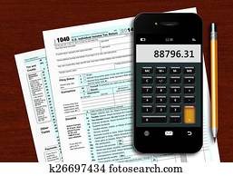 usa., individuum, einkommenssteuererklärung- form, 1040, mit, telefongerät, calculato
