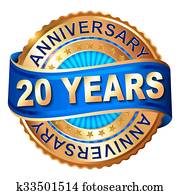20 años, aniversario, dorado, etiqueta, con, ribbon.