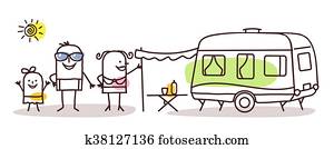 cartoon family with a caravan cartoon family with a caravan