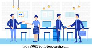 coworking, open ruimte, met, creatief, bureau, mensen., handel team, aan het werk aaneen, vector, illustration.