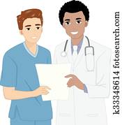 mann, doktor, krankenschwester, besprechen, geduldige informationen