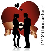 pareja, silueta, con, corazón, y, ri