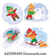Set winter icons with little children Set winter icons with little children