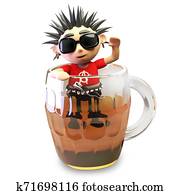 Drunk 3d punk rocker with spikey hair attempts to climb out of a pint of beer, 3d illustration Drunk 3d punk rocker with spikey hair attempts to climb out of a pint of beer, 3d illustration