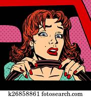 Inexperienced woman driver car accident pop art comics retro style Halftone Inexperienced woman driver car accident pop art comics retro style Halftone