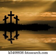 silhouette, von, jesus christus, kreuzigung, auf, kreuz, auf, karfreitag, osterbilder, reflektiert, seenwasser