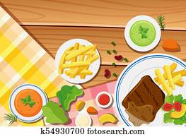 שולחן, קטע, עם, יום שישי, ו, סטייק, ב, ה, צלחת