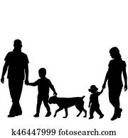 Family silhouettes with two children and dog