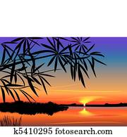 vector beautiful sunset over the lake