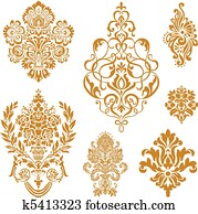 vetorial, ouro, damasco, ornamento, jogo