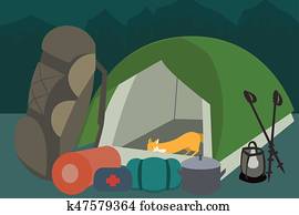 wandern ausrüstung, an, camping, vektor, karikatur wandern ausrüstung, an, camping, vektor, karikatur