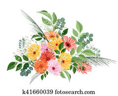 Watercolor floral bouquet with gerberas and leaves Watercolor floral bouquet with gerberas and leaves