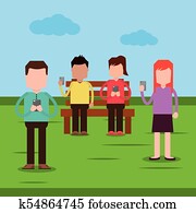 people in the park couple sitting using smartphone devices