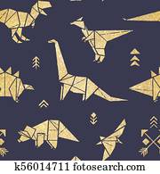 Seamless pattern with golden origami dinosaurs isolated on navy blue background. Seamless pattern with golden origami dinosaurs isolated on navy blue background.
