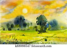 Watercolor landscape original painting colorful of rice field Watercolor landscape original painting colorful of rice field
