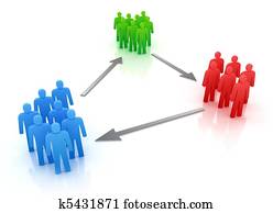 colorido, gente, grupos, con, flechas