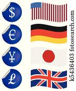 international currency labels with flags