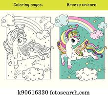 csinos, egyszarvú, noha, kasfogó, repülés, alatt, a, ég, színezés, vektor, és, sablon