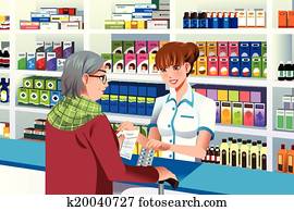 farmacêutico, ajudando, um, pessoa idosa