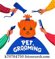 Pet grooming concept. Happy lap-dog and hands with comb, hair dryer, scissors and haircut clipper on white background. Dog care, grooming, hygiene, health. Flat style vector illustration. Pet grooming concept. Happy lap-dog and hands with comb, hair dryer, scissors and haircut clipper on white background. Dog care, grooming, hygiene, health. Flat style vector illustration.