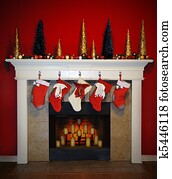 Weihnachten, kaminofen, herd, mit, kranz, und, strümpfe Stock Foto