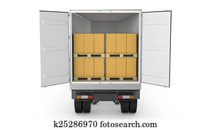 åbn, semi-trailer, hos, karton, bokse, inderside, isoleret