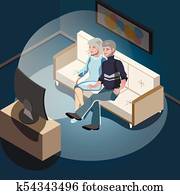 Elderly couple sitting on the sofa and watching TV.
