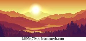 Mountain sunset landscape. Realistic pine forest and mountain silhouettes, evening wood panorama. Vector wild nature background Mountain sunset landscape. Realistic pine forest and mountain silhouettes, evening wood panorama. Vector wild nature background