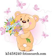 ורוד, דובון, עם, פרחים