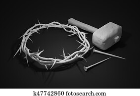 Crucifixion Of Jesus Christ - Cross With Hammer Nails And Crown Of Thorns 3D Rendering Dark Background