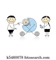 Parents with baby in buggy walking