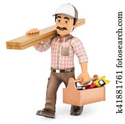 3D Carpenter walking with wooden board and toolbox 3D Carpenter walking with wooden board and toolbox